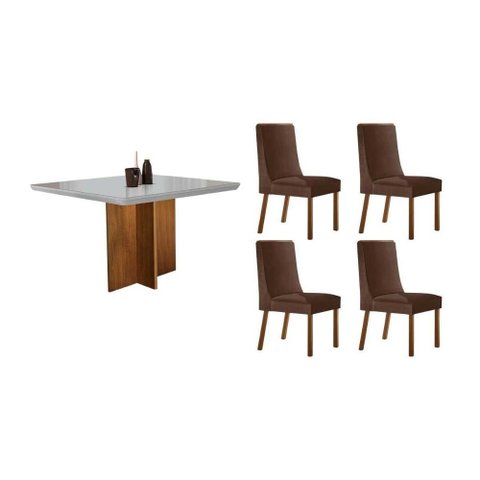 Conjunto: Mesa Sala Jantar Berlim Tampo c/ Vidro Curvo 90cm+ 4 Cadeiras Dakota Madeira Naturale/Off