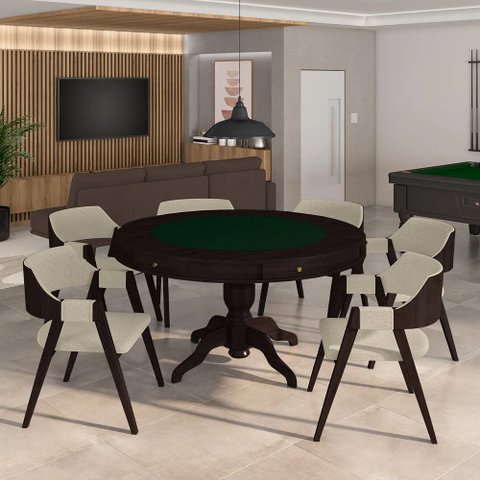 Conjunto Mesa de Jogos Bellagio e 6 Cadeiras Madeira Poker Base Estrela Linho Offwhite/tabaco