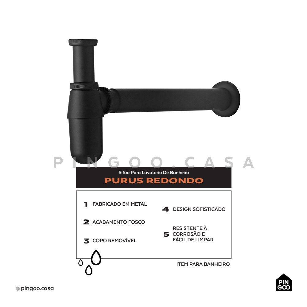 Sifão para Lavatório de Banheiro Purus Pingoo.casa - Preto - 2