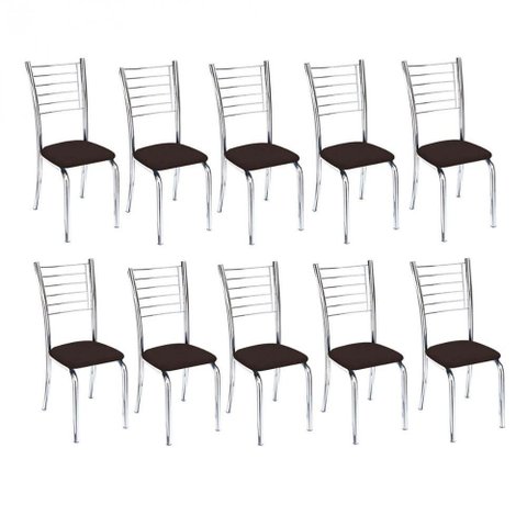 Kit 10 Cadeiras de Jantar Lara Cromada para Cozinha Assento Corino Marrom - Aurora Line