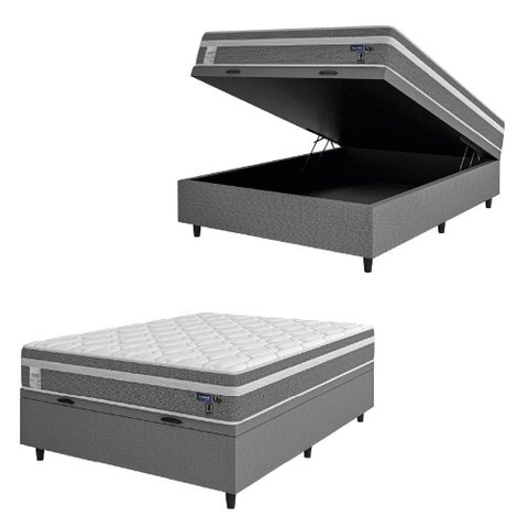 Cama Box Baú Colchão Casal Molas Ensacadas Euro In Up 138x188x67cm Cinza - Branco Probel Cinza-