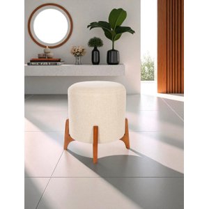 Puff Belluno Decorativo Tecido Linho Banqueta Redondo Pés de Madeira Maciça