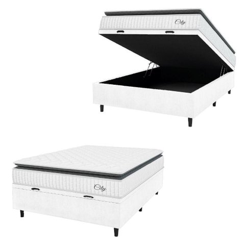 Cama Box Baú Colchão Casal Molas Ensacadas City Pillow Top 138x188x64cm Linho Branco / Preto