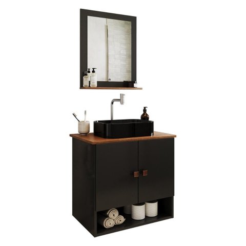 Gabinete Arm Banheiro Deli 2 Portas com Cuba Oxford Preta Preto Fosco-nature