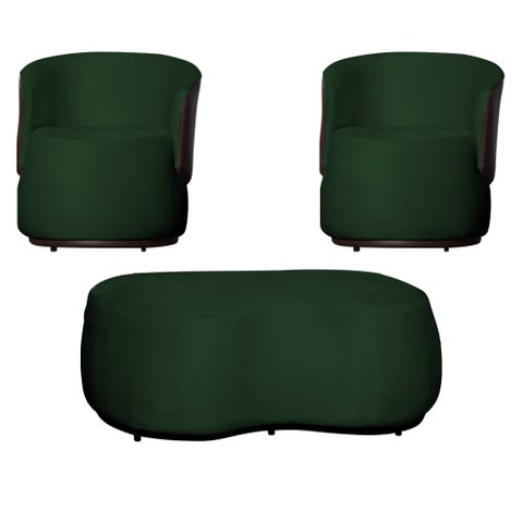 Kit 02 Poltronas e 01 Puff Decorativo Beatriz Veludo Verde/pu Marrom - Montanaris Decor