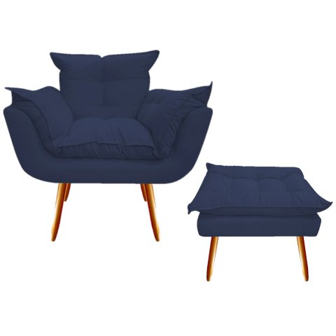 Kit Poltrona + Puff Decorativo Opala Suede Azul Marinho Pés Madeira Ms Decor