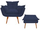 Ver imagem 1 de Kit Poltrona + Puff Decorativo Opala Suede Azul Marinho Pés Madeira Ms Decor