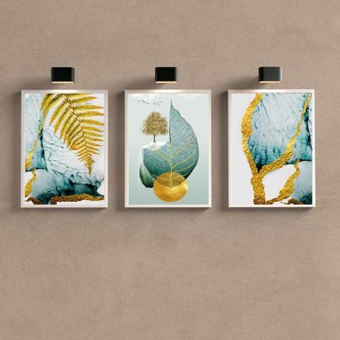 Kit 3 Quadros Folha Dourada Verde água 33x24cm - com Vidro:madeira Branca