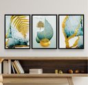 Ver imagem 2 de Kit 3 Quadros Folha Dourada Verde água 33x24cm - com Vidro:madeira Branca