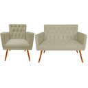 Ver imagem 1 de Kit Namoradeira + 1 Poltrona Decorativa Nina Capitonê Couro Bege Pés Madeira Ms Decor