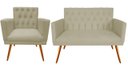 Ver imagem 1 de Kit Namoradeira + 1 Poltrona Decorativa Nina Capitonê Couro Bege Pés Madeira Ms Decor