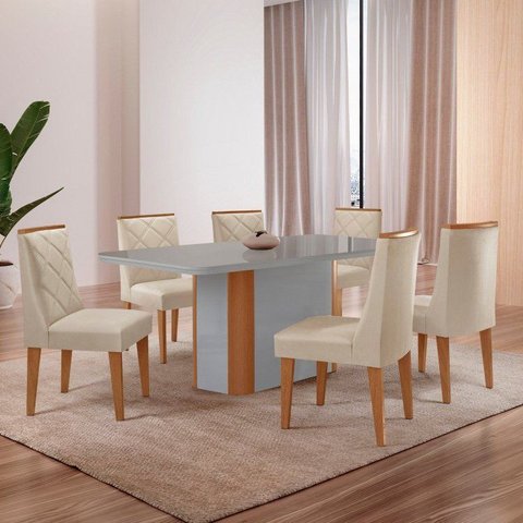 Conjunto Sala de Jantar Mesa Tampo MDF/Vidro 6 Cadeiras Ester Off White/Creme/Marromle