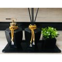 Ver imagem 1 de Kit Banheiro Vidro Preto Gold Vaso Difusor Sabonete Bandeja