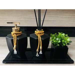 Kit Banheiro Vidro Preto Gold Vaso Difusor Sabonete Bandeja