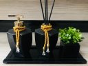 Ver imagem 1 de Kit Banheiro Vidro Preto Gold Vaso Difusor Sabonete Bandeja