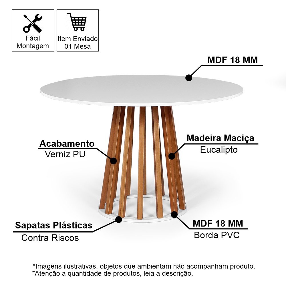 Mesa de Jantar Redonda 6 Lugares 120cm em Mdf e Madeira Maciça Gabi Branca - Straub Web - 2