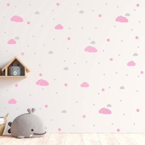 Adesivo Decorativo de Parede Infantil 300 Bolinhas 30 Nuvens Cinza e Rosa