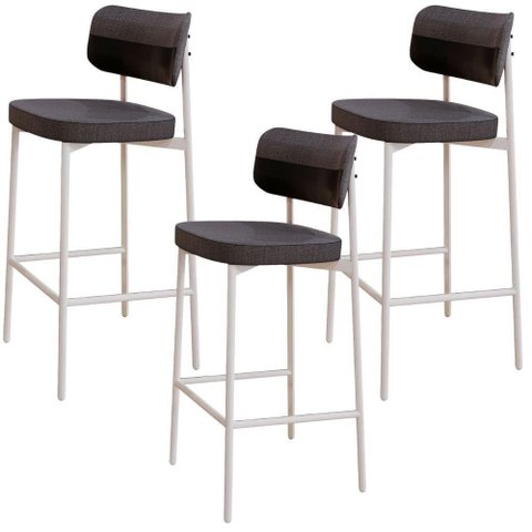 Kit 03 Banquetas Alta Bar Cozinha Sala de Jantar Aço Branco Kaira C01 Linho Preto Courino Preto -