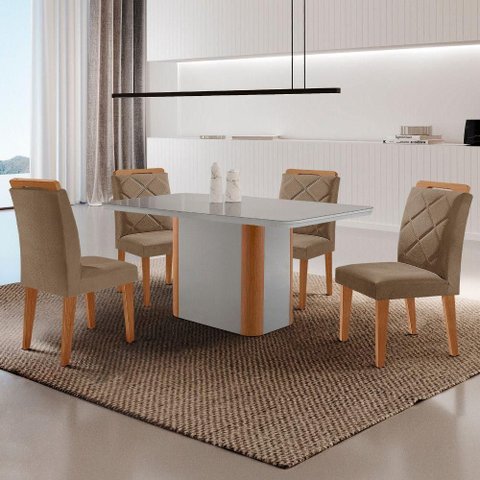 Mesa de Jantar Isadora com 4 Cadeiras Moderna Mobilia Veludo Capuccino/off/nat/serig Off com Vidro