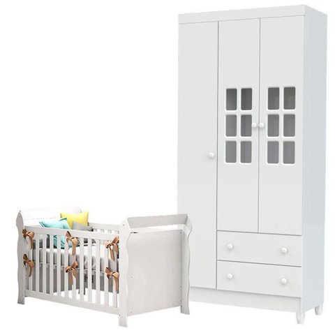 Berço Lara e Guarda Roupa Infantil 3 Portas Mariah Branco Brilho - Carolina