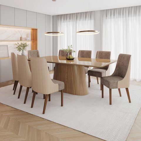 Conjunto Mesa Olívia 200cm com Vidro 08 Cadeiras Ivy Marrom/Nature/Bege/Cacao