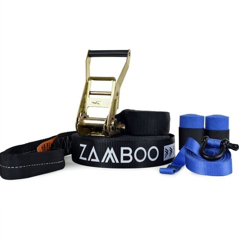 Slackline Zamboo Kit Extremeline 30m X 50mm Preto com Catraca Reforçada, Backup e Protetores Suporta