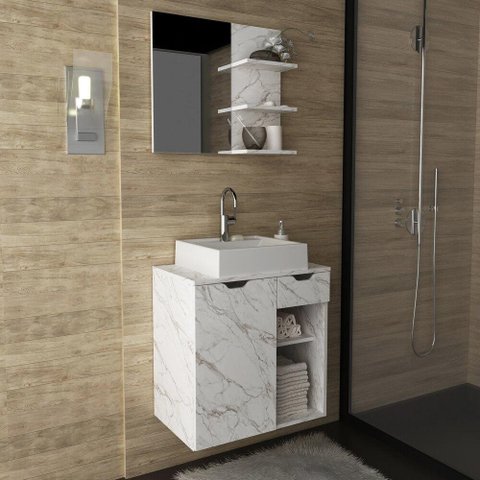 Gabinete de Banheiro com Cuba e Espelheira 60cm Multimóveis CR10095 Mármore Branco