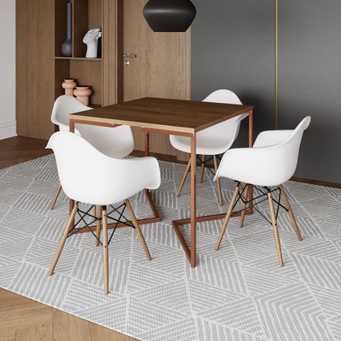 Mesa Industrial Jantar Amêndoa Quadrada 90cm Base Cobre V com 4 Poltronas Brancas Eames Eiffel Madei