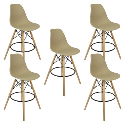 Kit 5 Banquetas Charles Eames Eiffel Wood Design Base Fixa Madeira - Bege