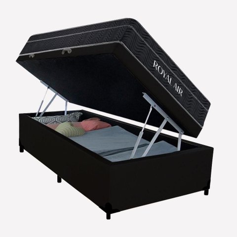 Cama Box Baú Solteiro Sintético com Colchão Molas Ensacadas Royal Air Preto
