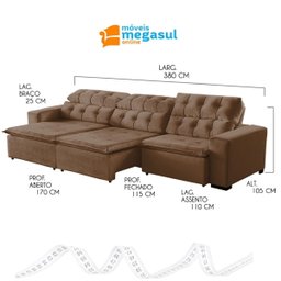 Sofá Retrátil Reclinável 8 Lugares 3m Suede Marrom Megasul - 5