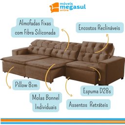 Sofá Retrátil Reclinável 8 Lugares 3m Suede Marrom Megasul - 3
