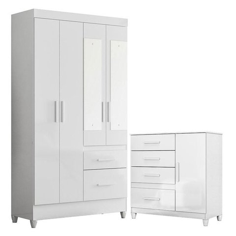 Guarda Roupa Solteiro Madri com Espelho e Cômoda Vênus com Pés Branco Flex – Moval