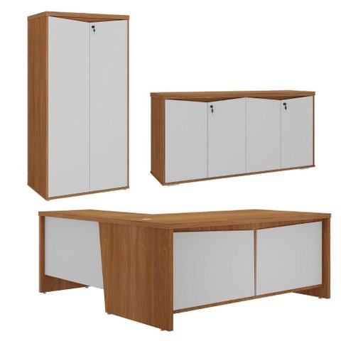 Mesa Escritorio em L 190x180 cm com Armario e Balcao Freijo Branco Artany