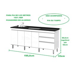 Gabinete Para Pia 2 Metros balcão 100% MDF com Puxador em Alumínio inteiro chapa de 15mm ultimas uni - 2