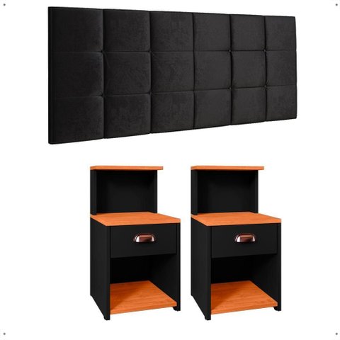Kit Quarto 2 Mesinhas Pequena Gaveta Nicho Mudo Retrô Cabeceira Estofada Suspensa Cama Box Casal 1,