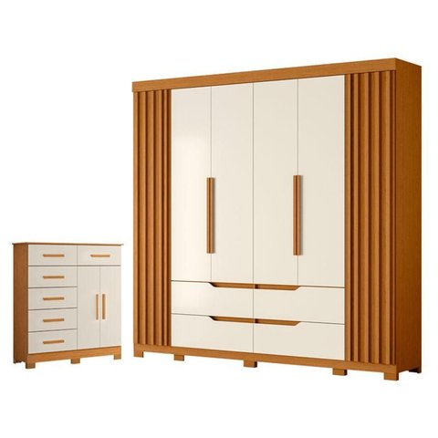 Guarda Roupa Casal Doble 06 Portas e Cômoda Xangai 06 Gavetas 02 Portas Cinamomo Off White - Mó