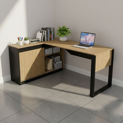 Mesa em L Industrial com Armário 2 Nichos 160cm Tecnomobili