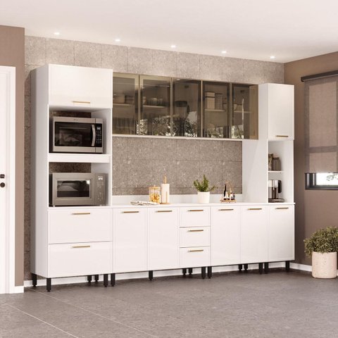 Cozinha Amara Aéreos Porta Vidro Torre Quente Paneleiro Balcões com Tampo Branco 250775