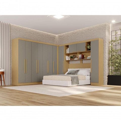 Guarda Roupa Casal Modulado Canto Crsal 11 Portas de Bater 2 Gavetas MDP Madeirado-Cinza Multimó