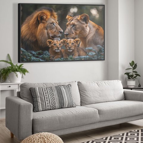 Quadro Decorativo Familia Leao Leoa Dois Filhotes Nas Folhas Sala Quarto Casa Escritório