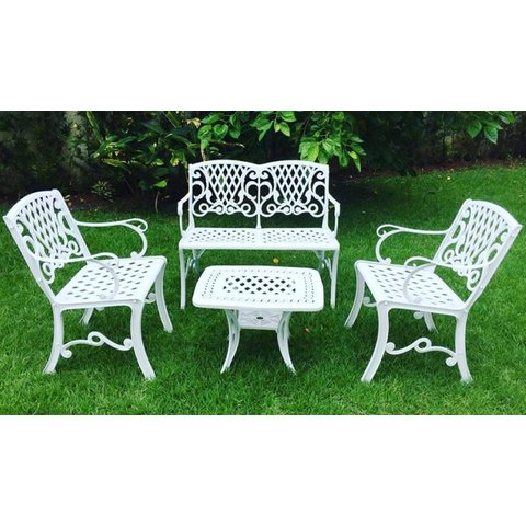 Conjunto Búzios (01 Mesinha + 02 Poltronas + 01 Banco 2 Lugares) Alumínio Fundido Jardim Varanda Pis