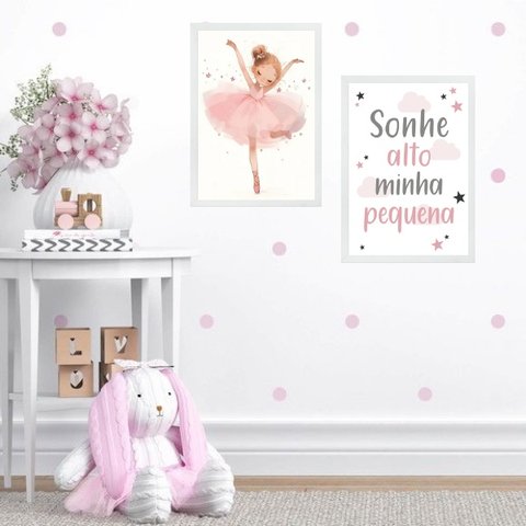 Kit 2 Quadros Infantis Bailarina - Sonhe Alto 45x34cm - com Vidro:madeira Branca