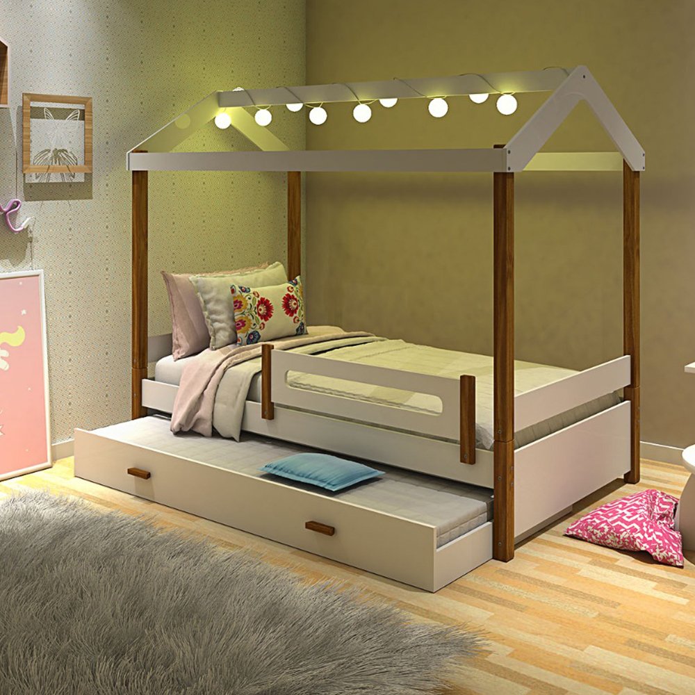 Cama Solteiro Infantil com Led Casinha Montessoriana Eliz com Cama Auxiliar Branco/mel