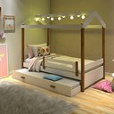 Ver imagem 1 de Cama Solteiro Infantil com Led Casinha Montessoriana Eliz com Cama Auxiliar Branco/mel
