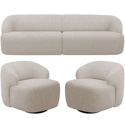 Sofá 3 Lugares Curvo Orgânico com 02 Poltronas Para Sala Living 220cm Barolo L06 Bouclê Bege - Lyam 