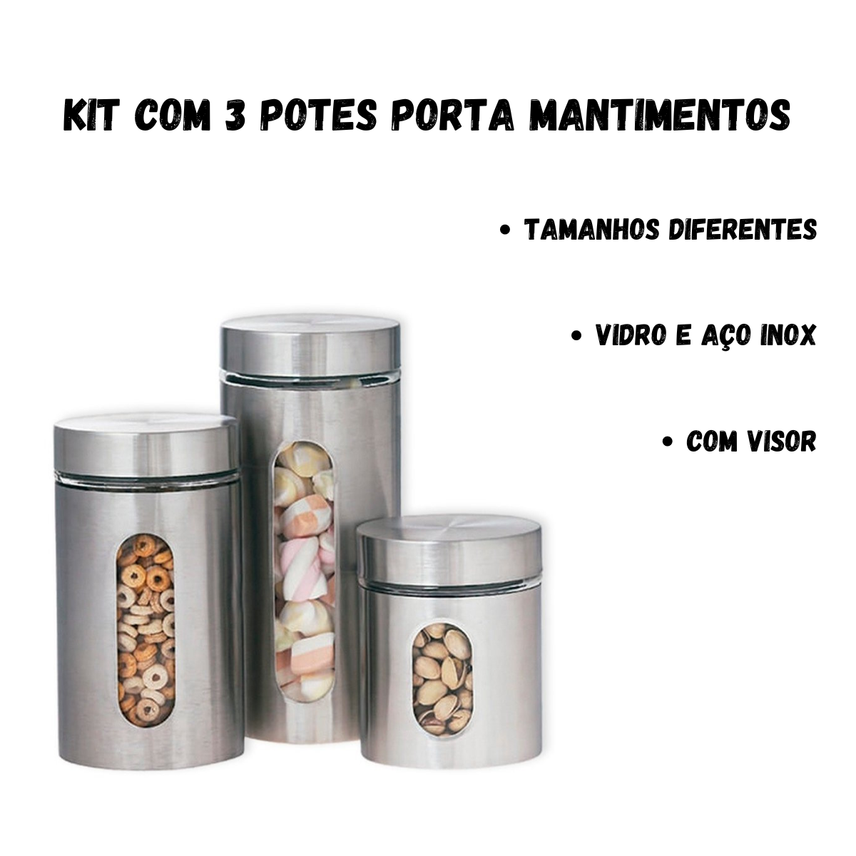 Jogo 3 Potes Tampa Rosca para Mantimentos Vidro e Aço Inox - 3