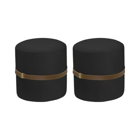 Kit 2 Puff Decorativo Old com Cinto Estofado em Veludo Preto