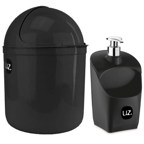 Kit Lixeira 4l Capacete e Dispenser de Detergente Porta Esponja Preto