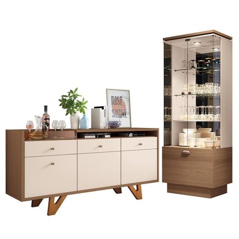 Sala de Jantar com Cristaleira Aura e Buffet Aparador Sollare Castanho-off White - Hb Móveis